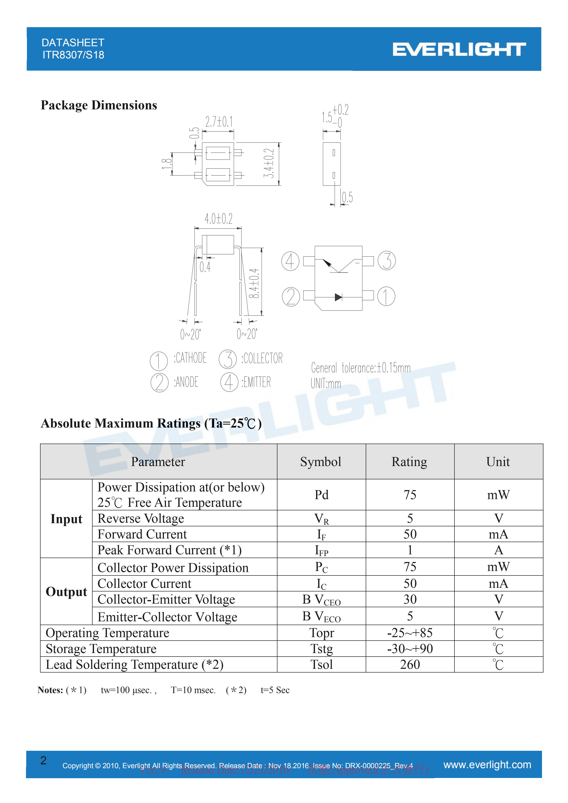 亿光直插反射式光电开关ITR8307/S18传感器参数及规格书(PDF 数据表)