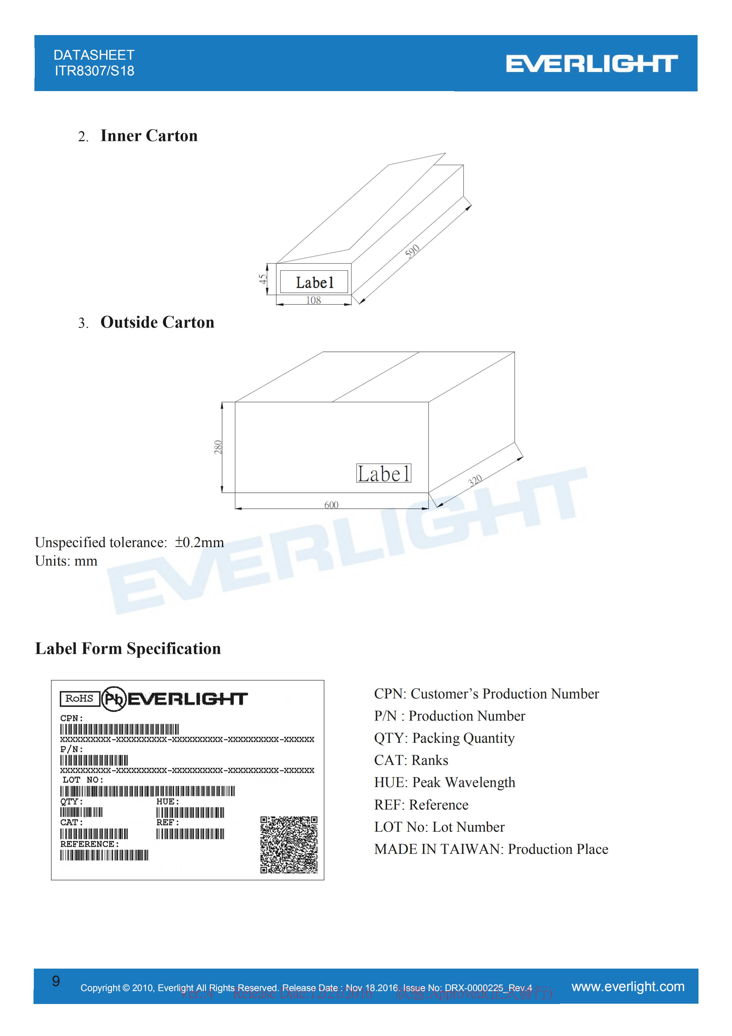 亿光直插反射式光电开关ITR8307/S18传感器参数及规格书(PDF 数据表)