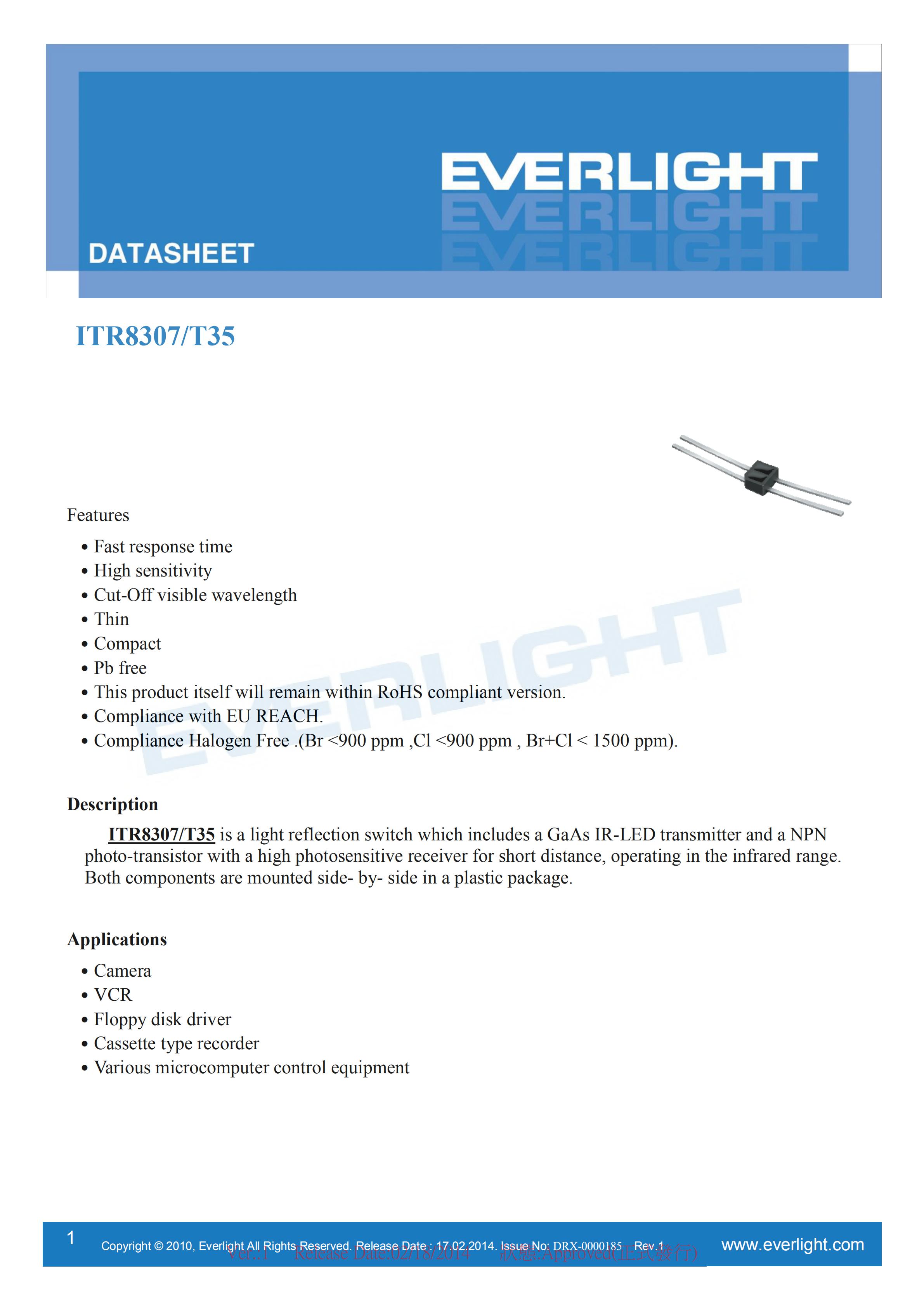 亿光反射式光电开关ITR8307-T35开关传感器参数及规格书(PDF 数据表)