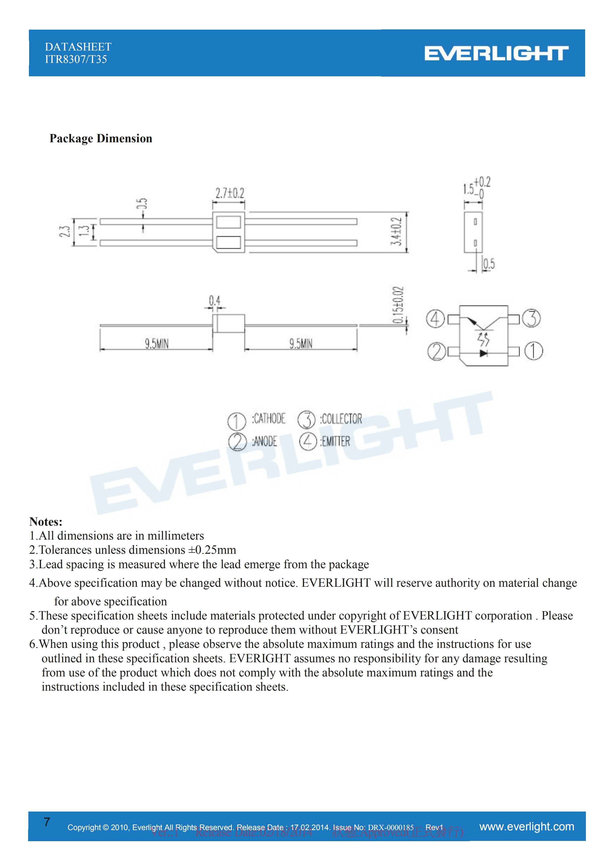 亿光反射式光电开关ITR8307-T35开关传感器参数及规格书(PDF 数据表)