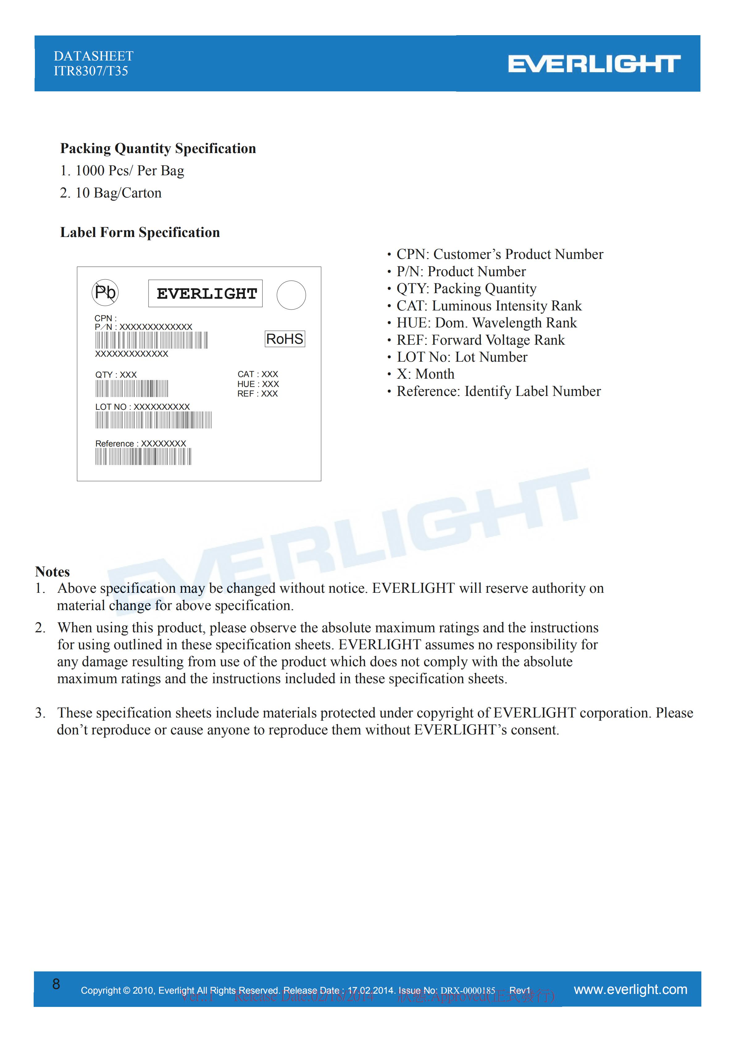 亿光反射式光电开关ITR8307-T35开关传感器参数及规格书(PDF 数据表)