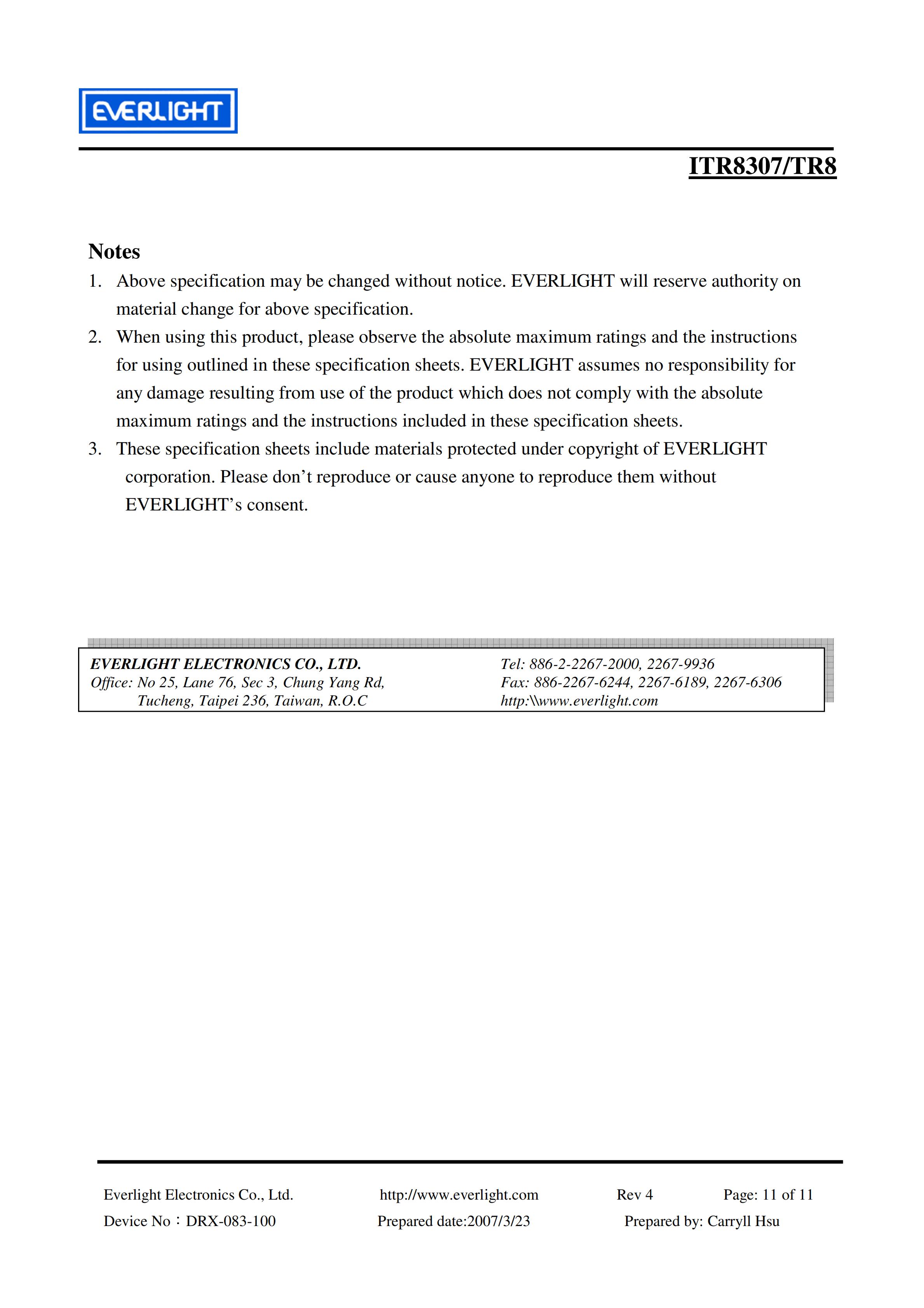 亿光反射式光电开关ITR8307/TR8开关传感器参数及规格书(PDF 数据表)