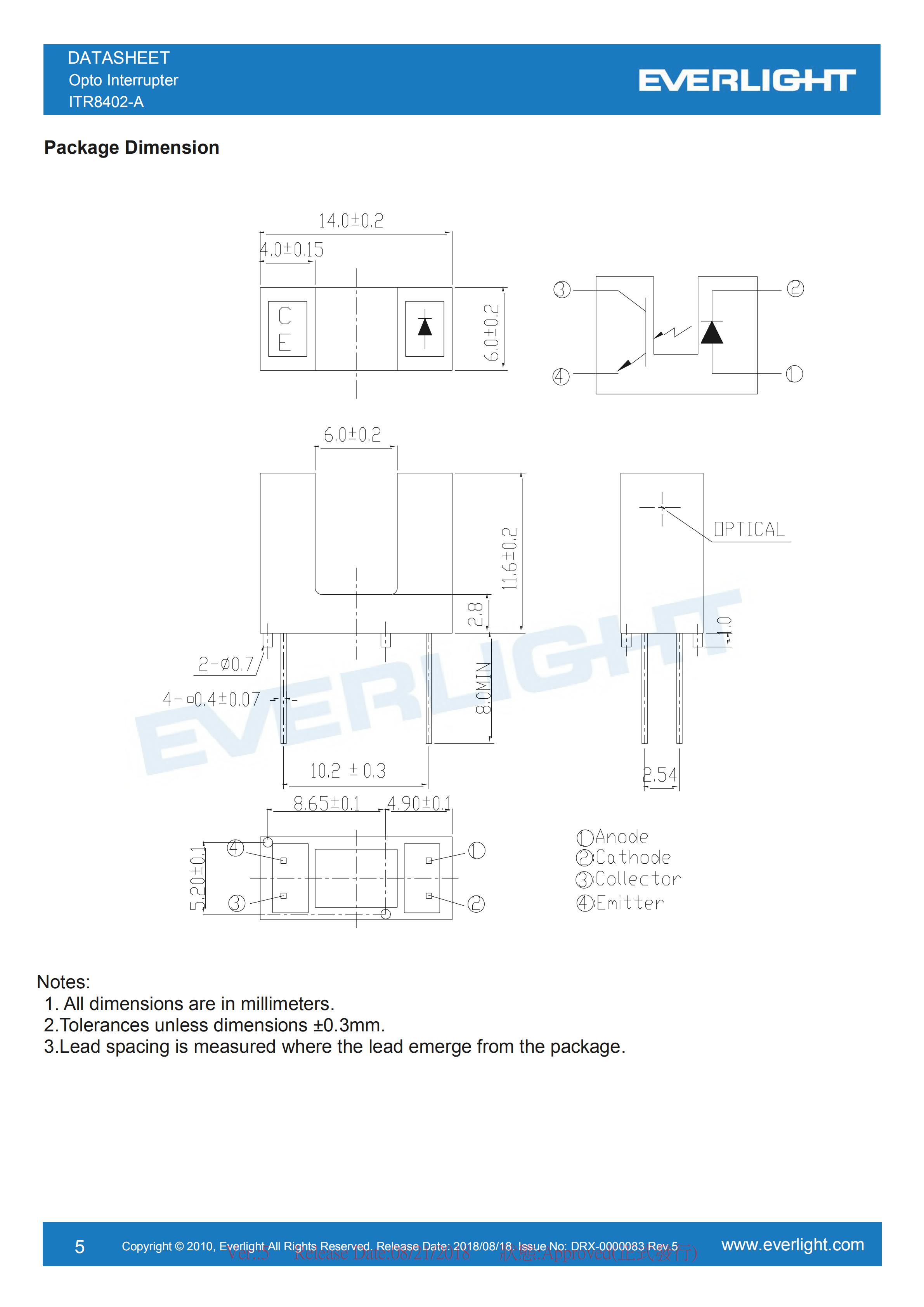 亿光对射式光电开关ITR8402-A开关传感器参数及规格书(PDF 数据表)
