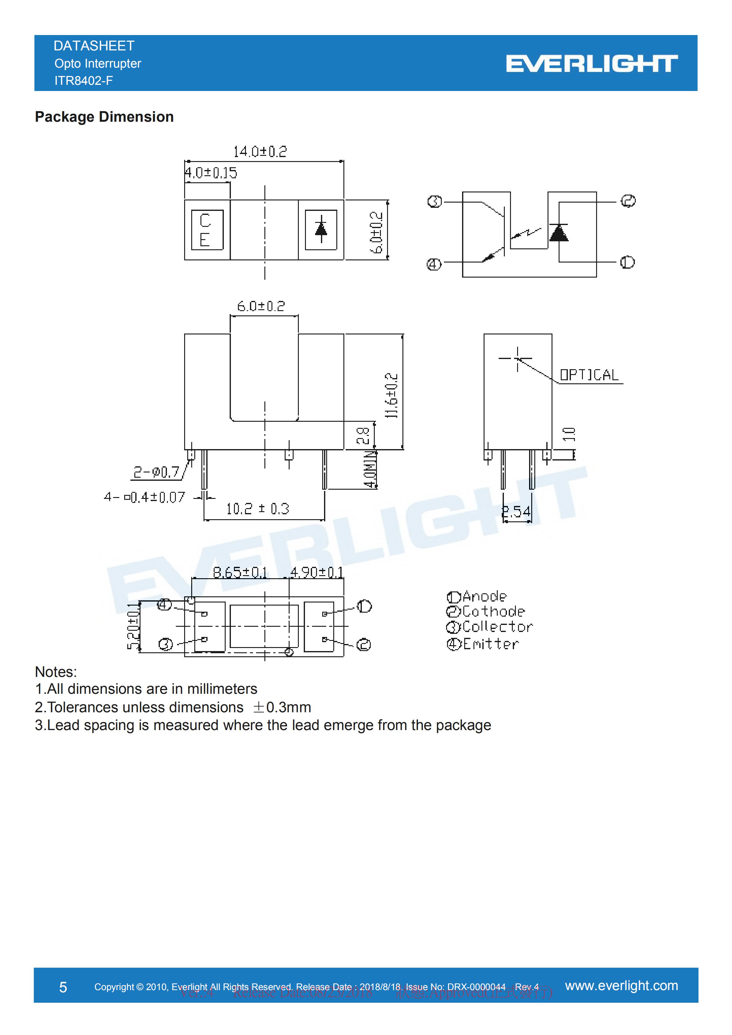 亿光对射式光电开关ITR8402-F开关传感器参数及规格书(PDF 数据表)