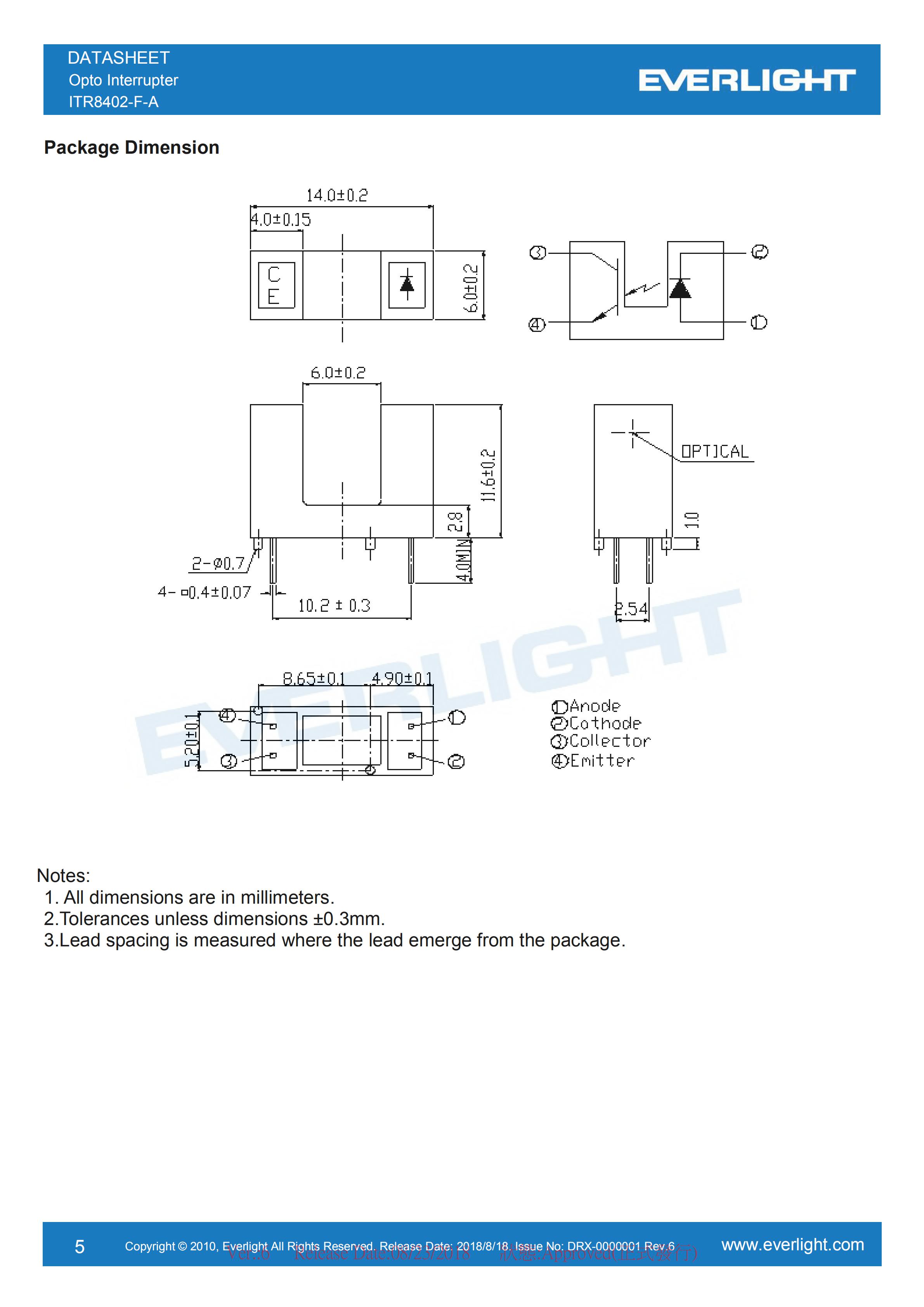 亿光对射式光电开关ITR8402-F-A开关传感器参数及规格书(PDF 数据表)