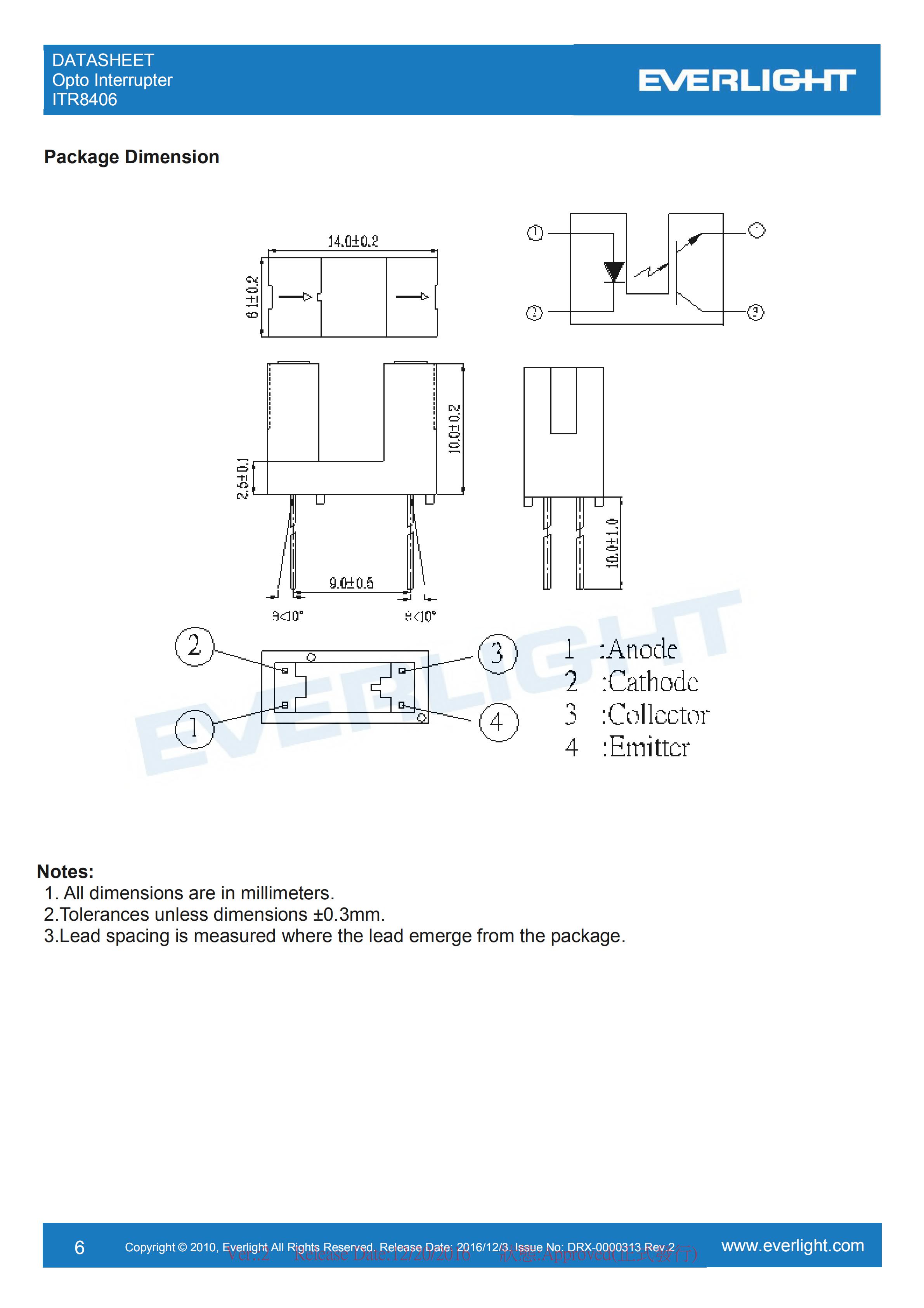 亿光对射式光电开关ITR8406开关传感器参数及规格书(PDF 数据表)