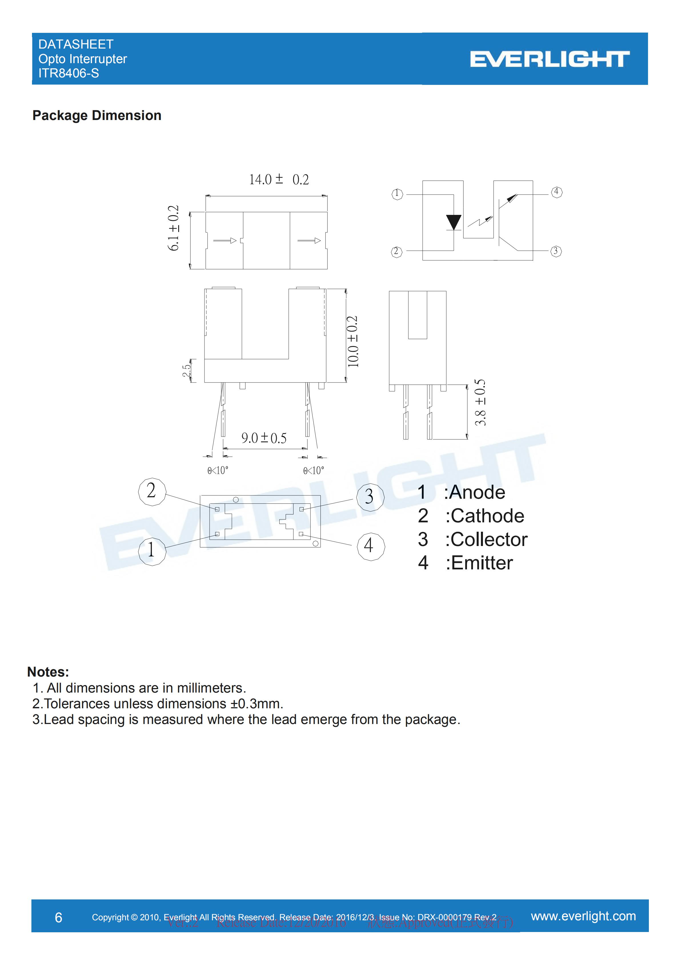 亿光对射式光电开关ITR8406-S开关传感器参数及规格书(PDF 数据表)