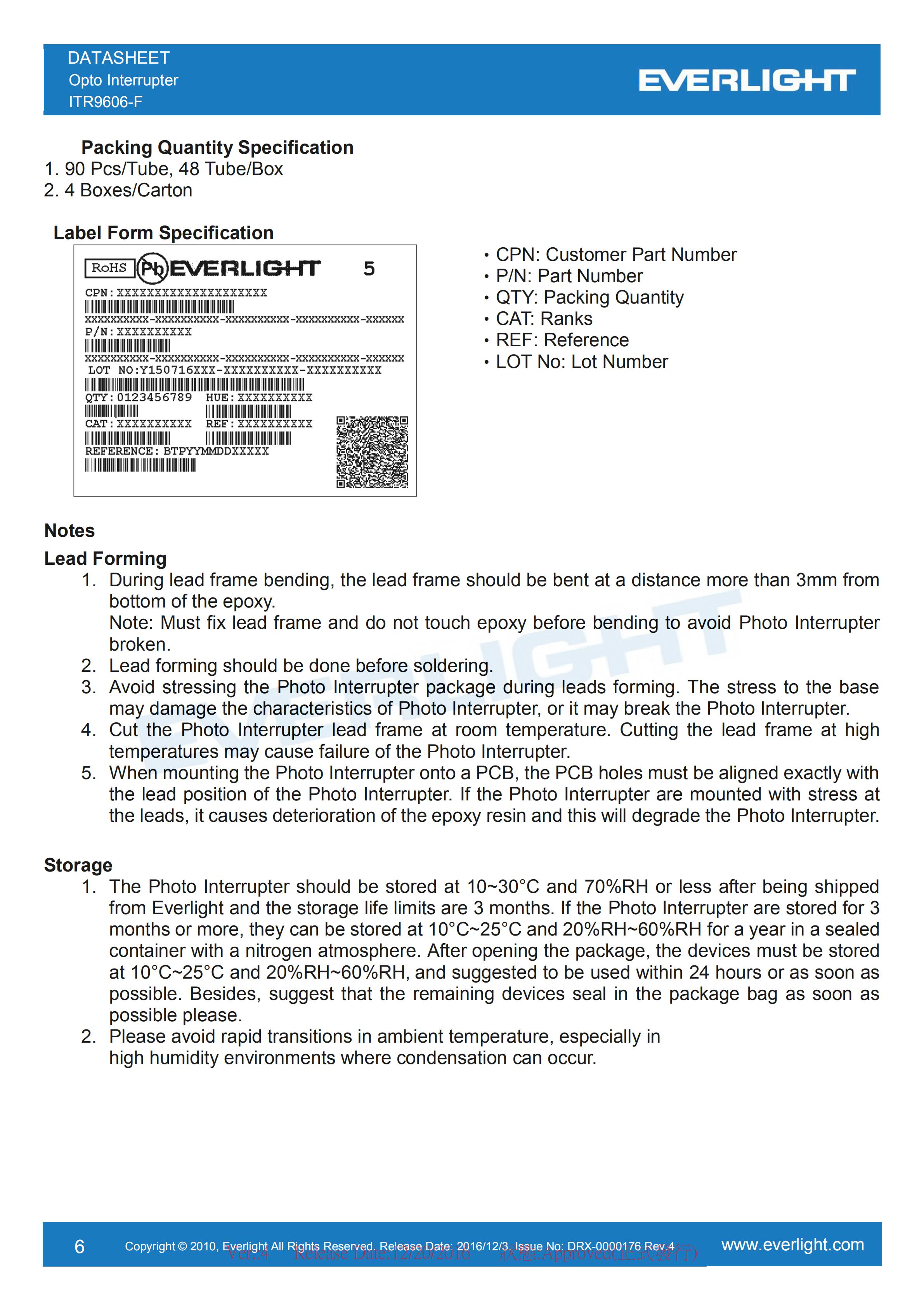 亿光对射式光电开关ITR9606-F开关传感器参数及规格书(PDF 数据表)