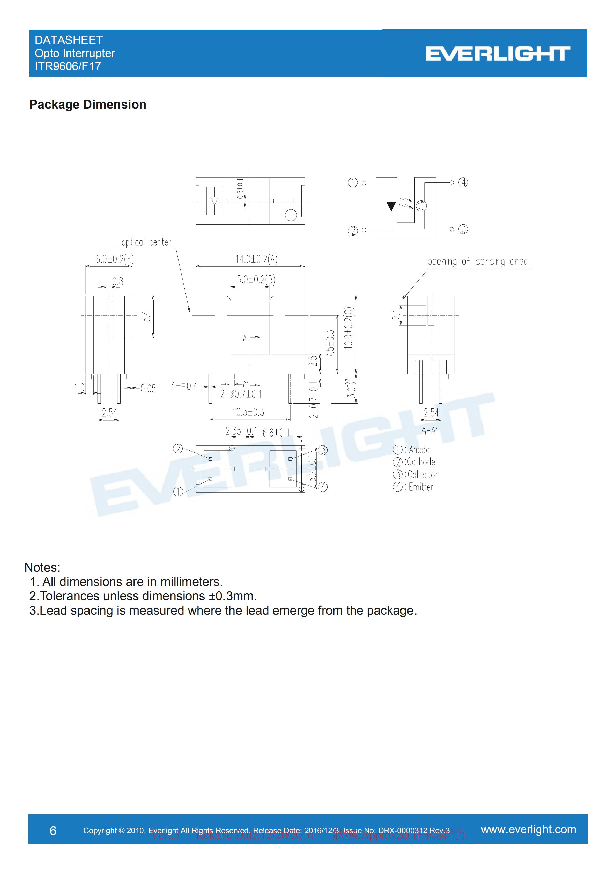 亿光对射式光电开关ITR9606-F17参数及规格书(PDF 数据表)