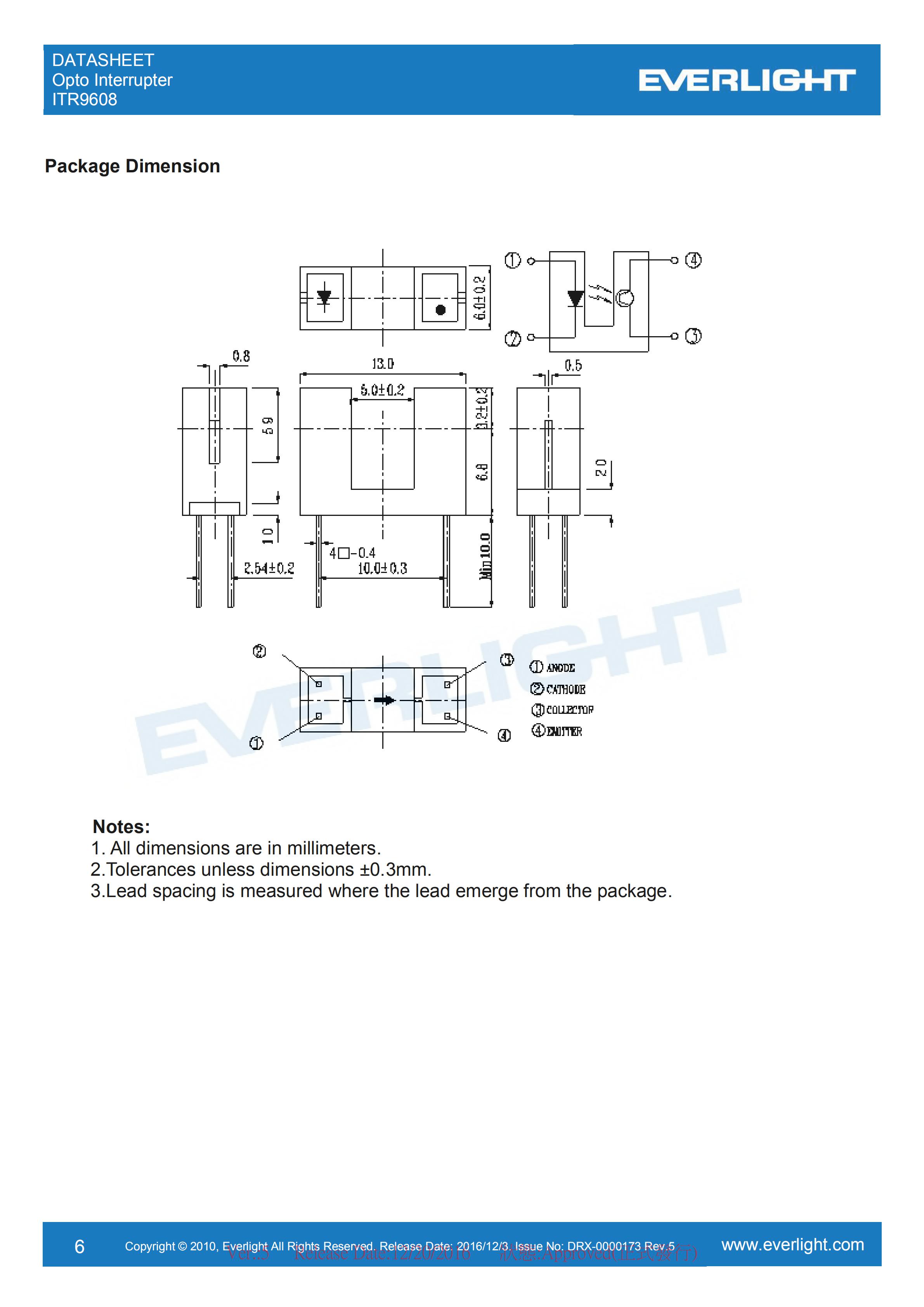亿光对射式光电开关ITR9608开关传感器参数及规格书(PDF 数据表)