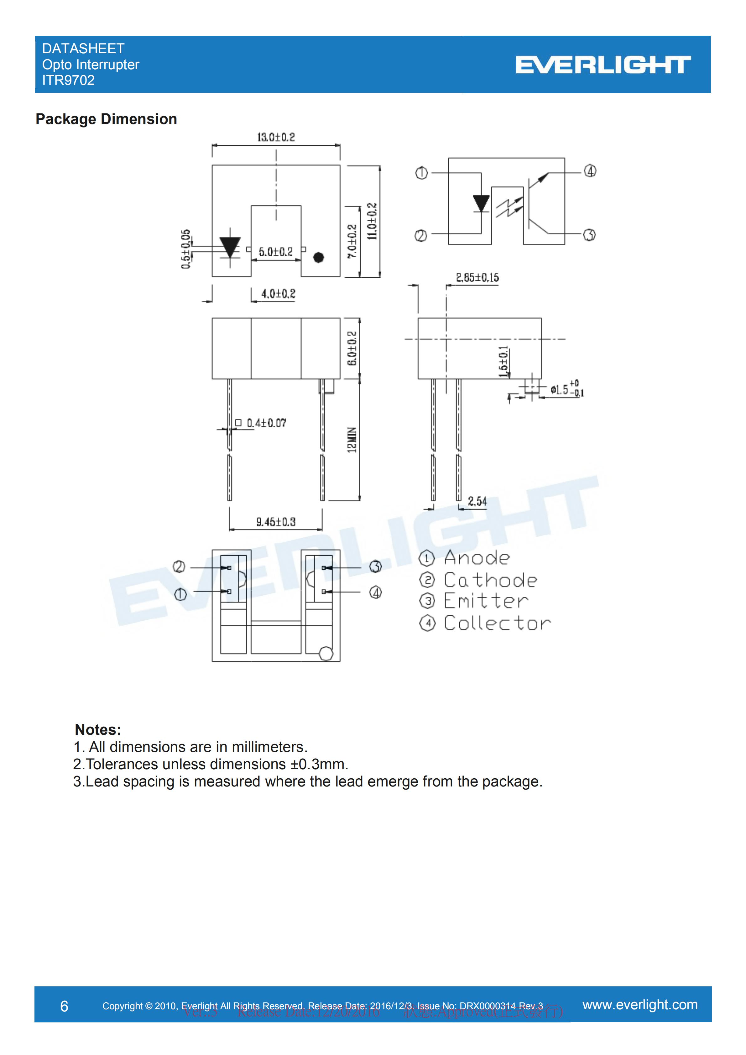 亿光对射式光电开关ITR9702开关传感器参数及规格书(PDF 数据表)
