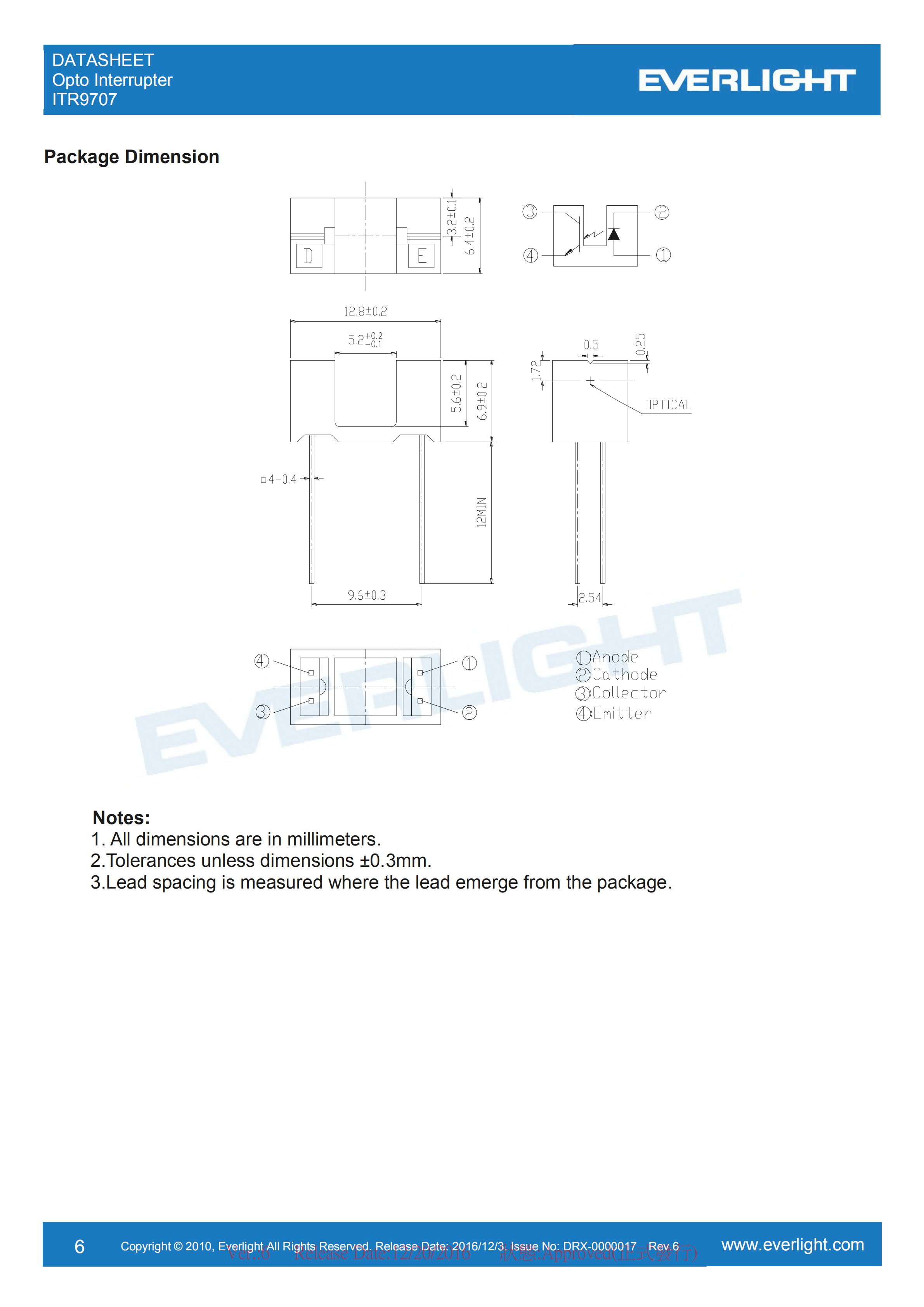 亿光对射式光电开关ITR9707开关传感器参数及规格书(PDF 数据表)