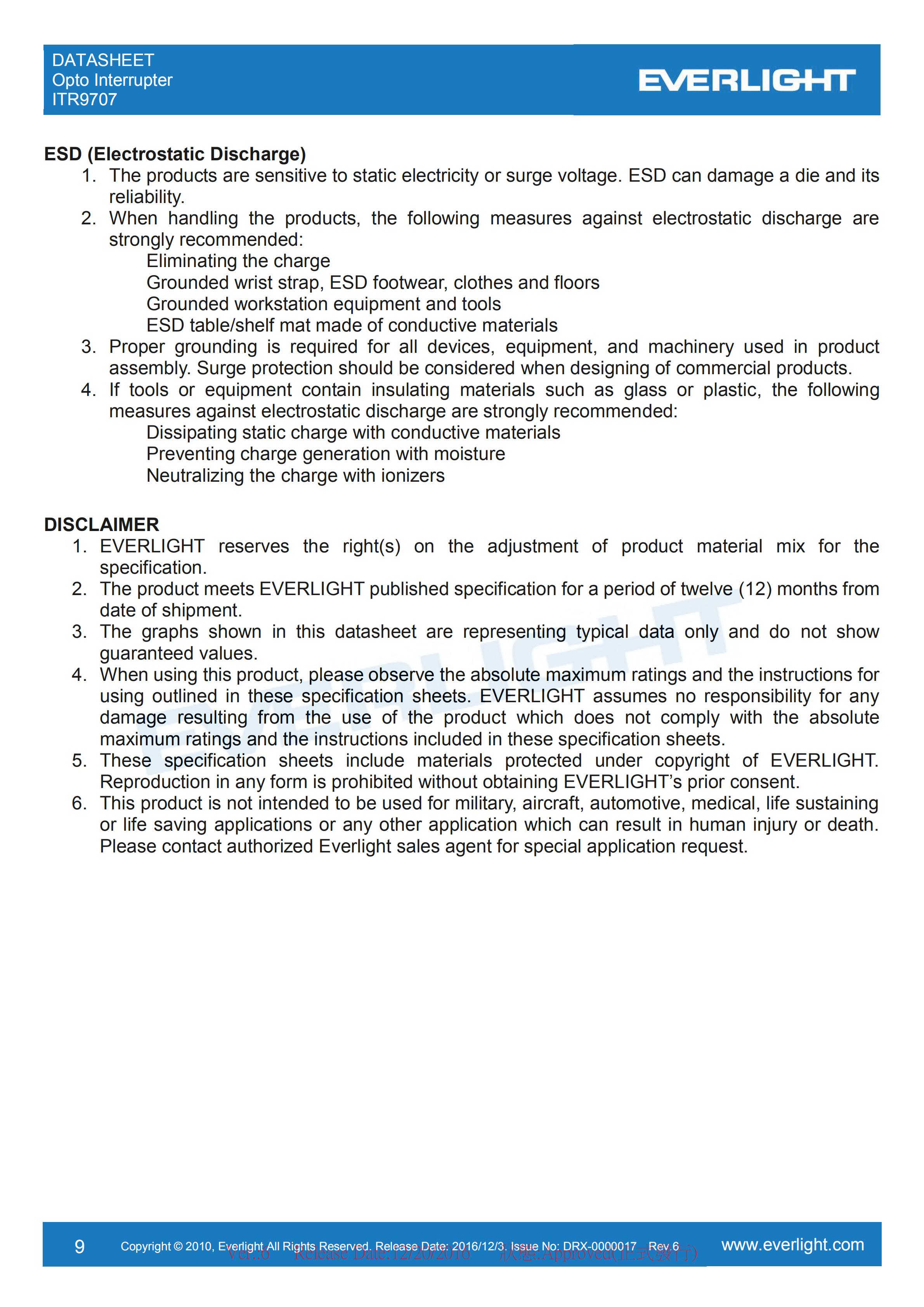 亿光对射式光电开关ITR9707开关传感器参数及规格书(PDF 数据表)