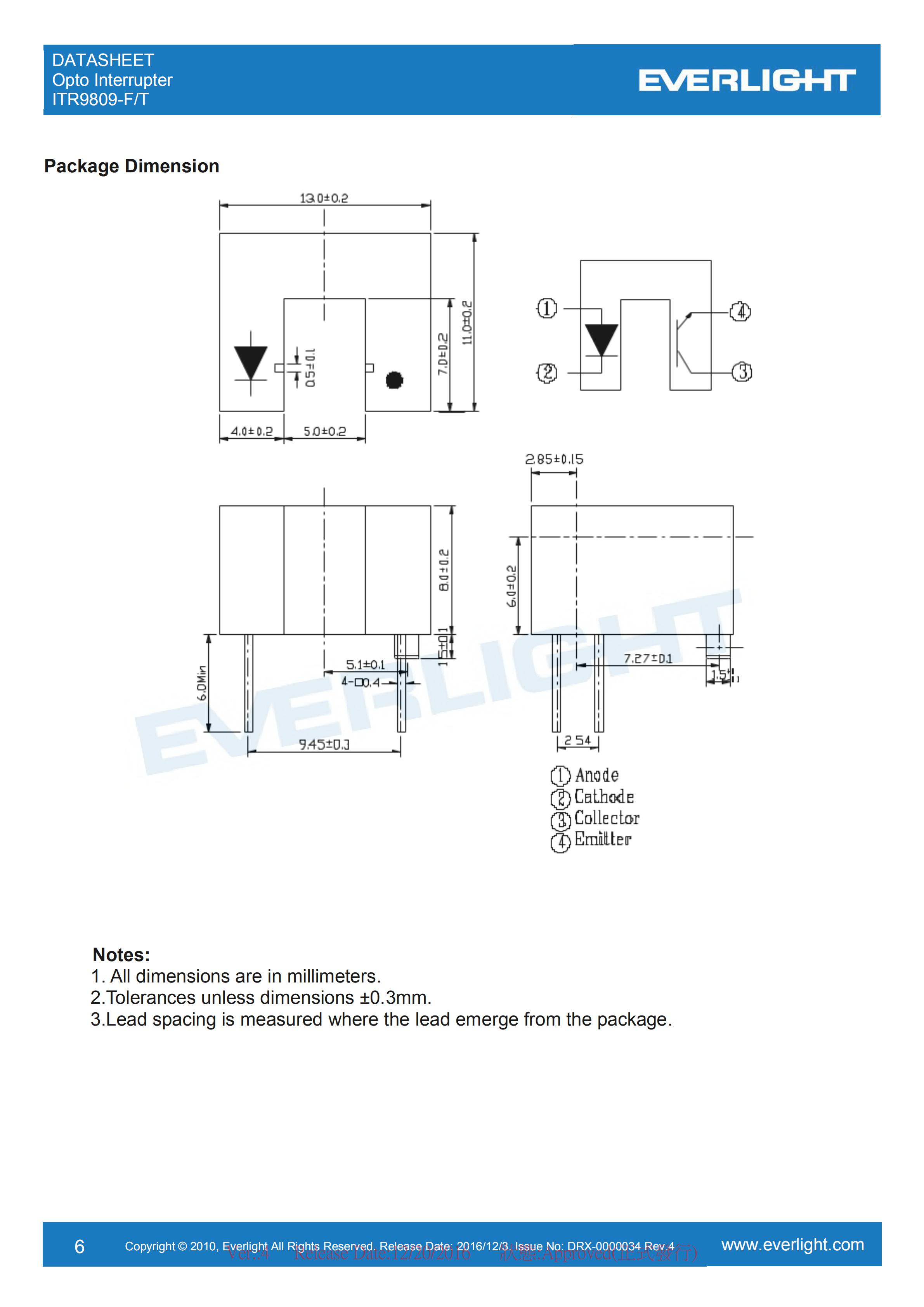 亿光对射式光电开关ITR9809-F-T开关传感器参数及规格书(PDF 数据表)