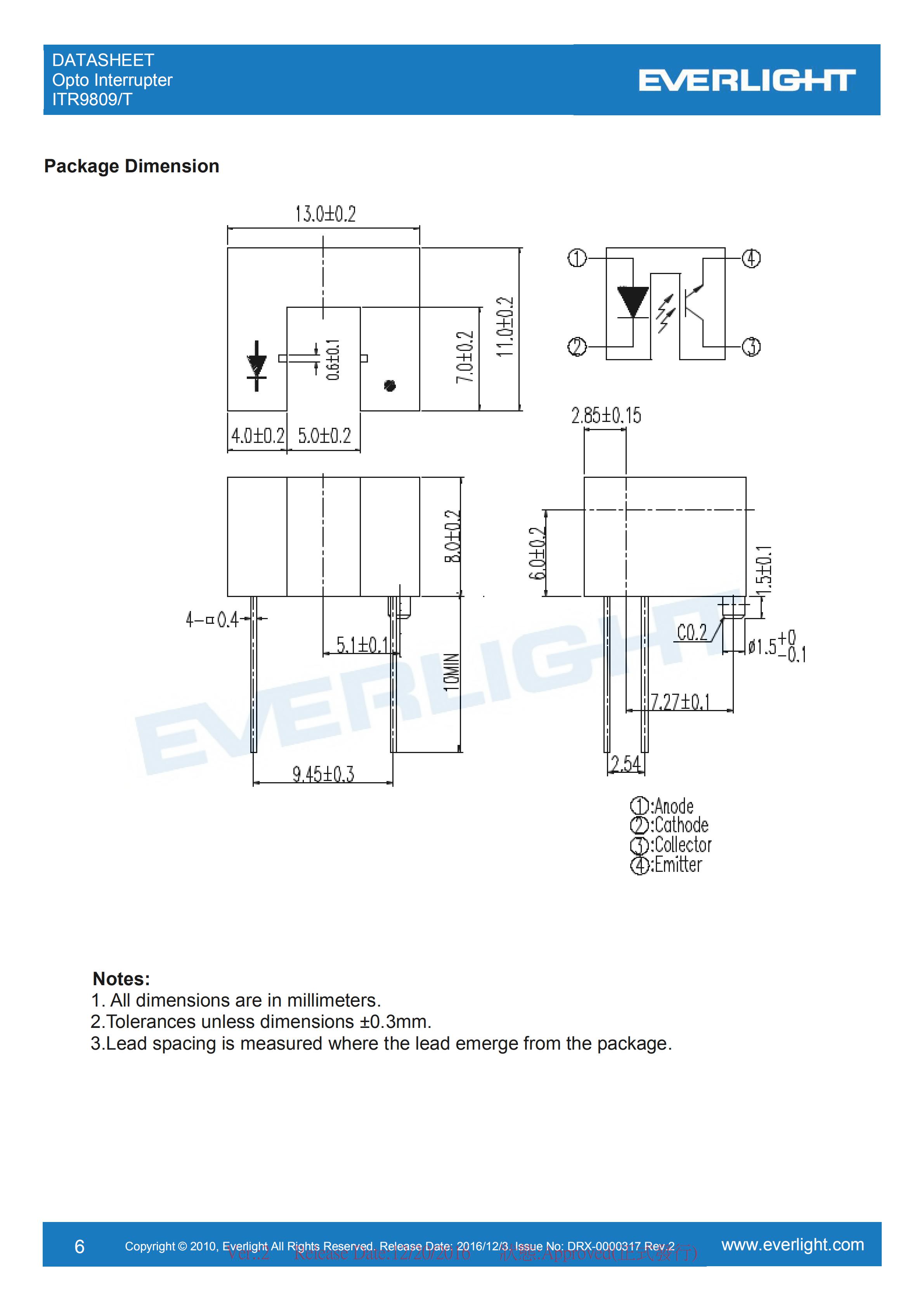 亿光对射式光电开关ITR9809-T开关传感器参数及规格书(PDF 数据表)