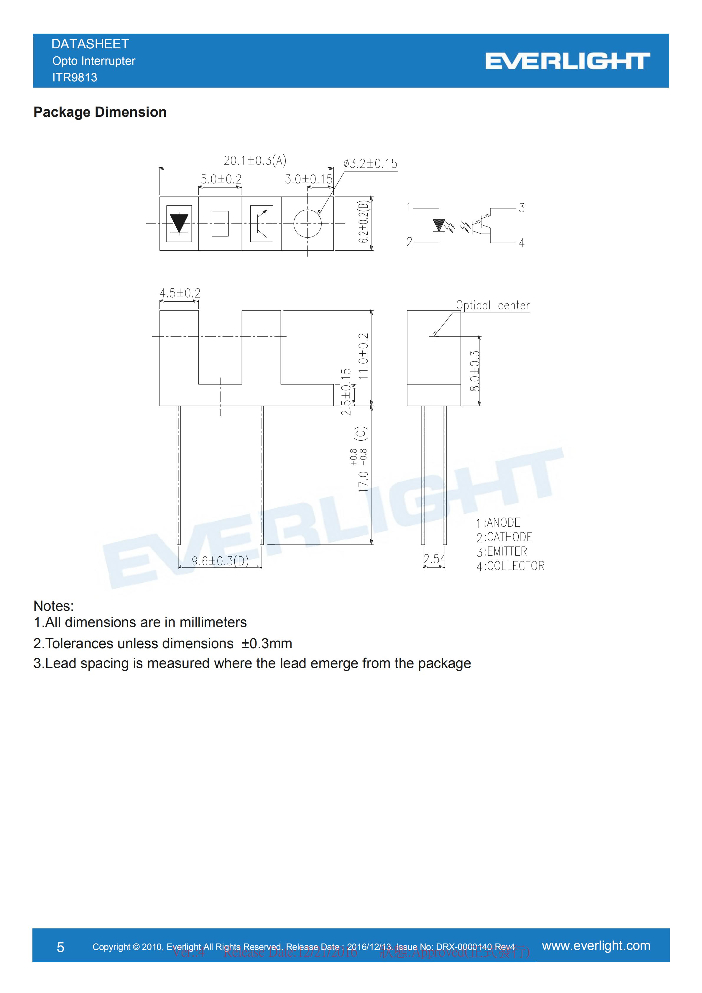 亿光对射式光电开关ITR9813开关传感器参数及规格书(PDF 数据表)