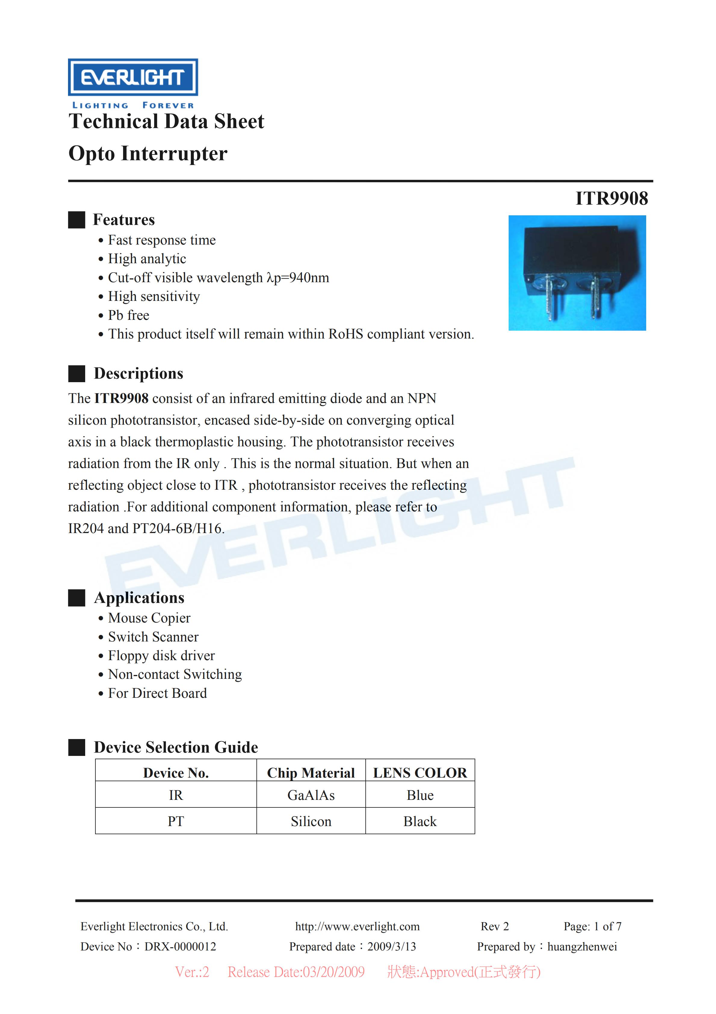 亿光反射式光电开关ITR9908开关传感器参数及规格书(PDF 数据表)
