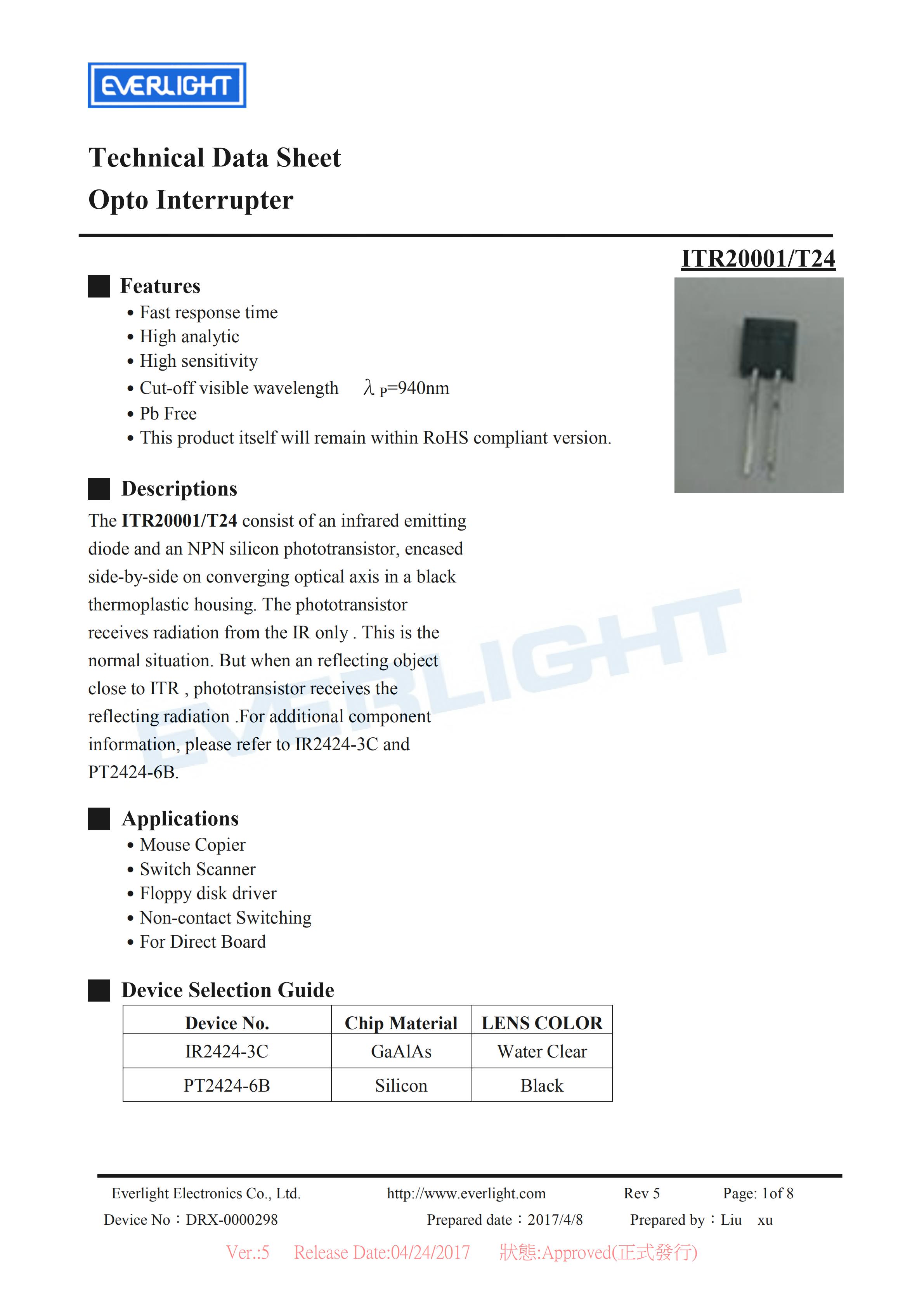 亿光反射式光电开关ITR20001-T24开关传感器参数及规格书(PDF 数据表)