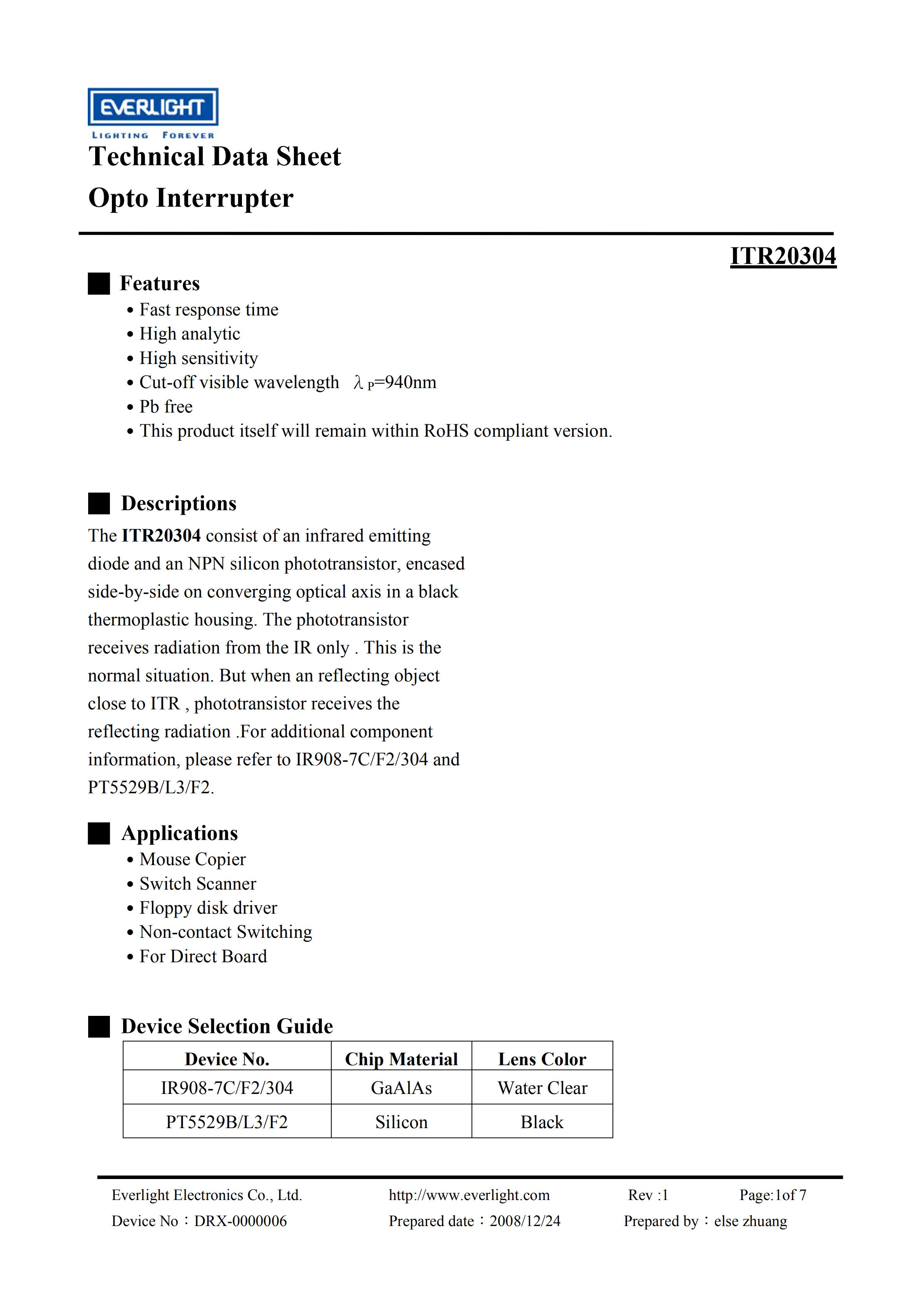 亿光反射式光电开关ITR20304开关传感器参数及规格书(PDF 数据表)