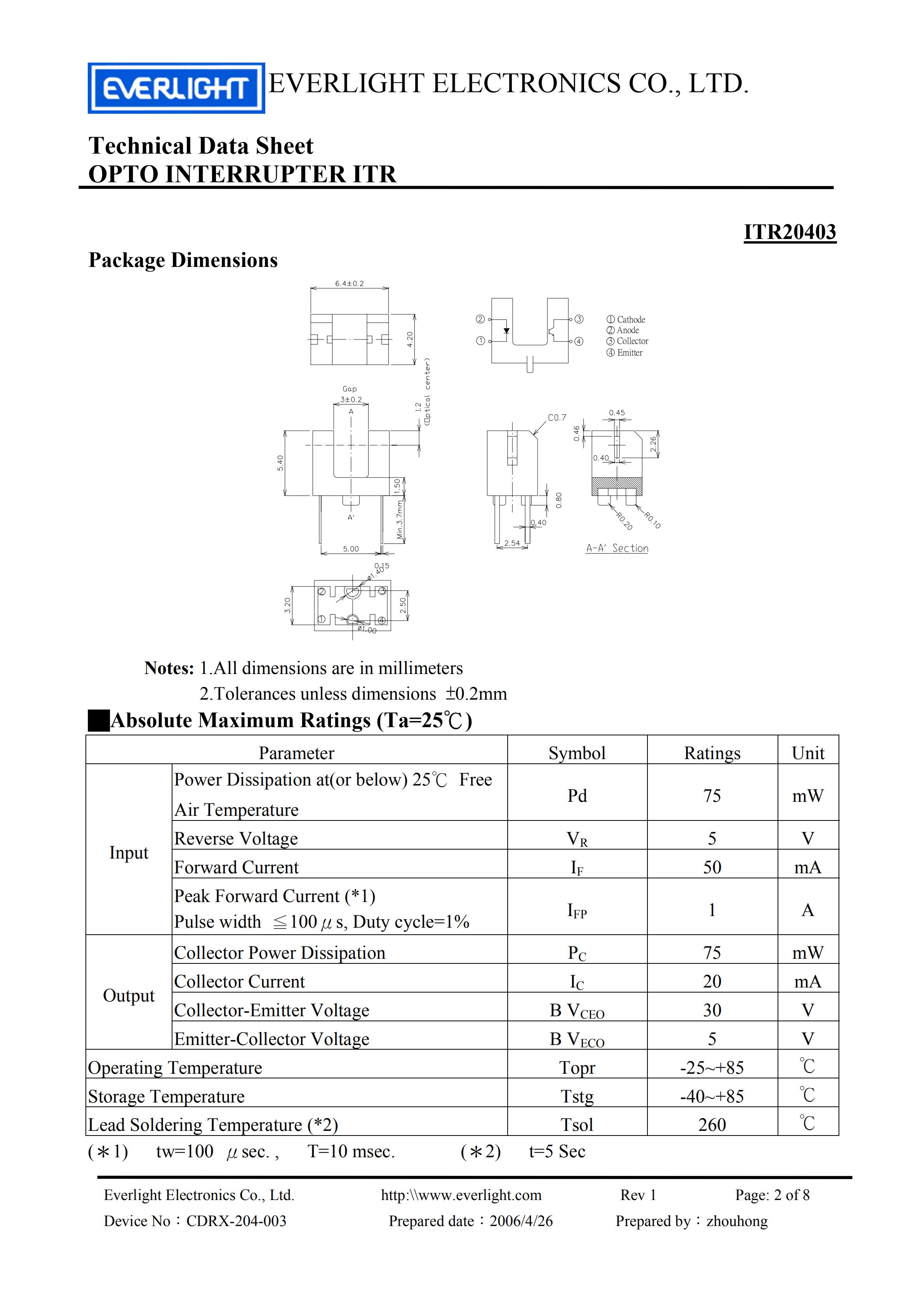 亿光槽型光电开关ITR20403开关传感器参数及规格书(PDF 数据表)