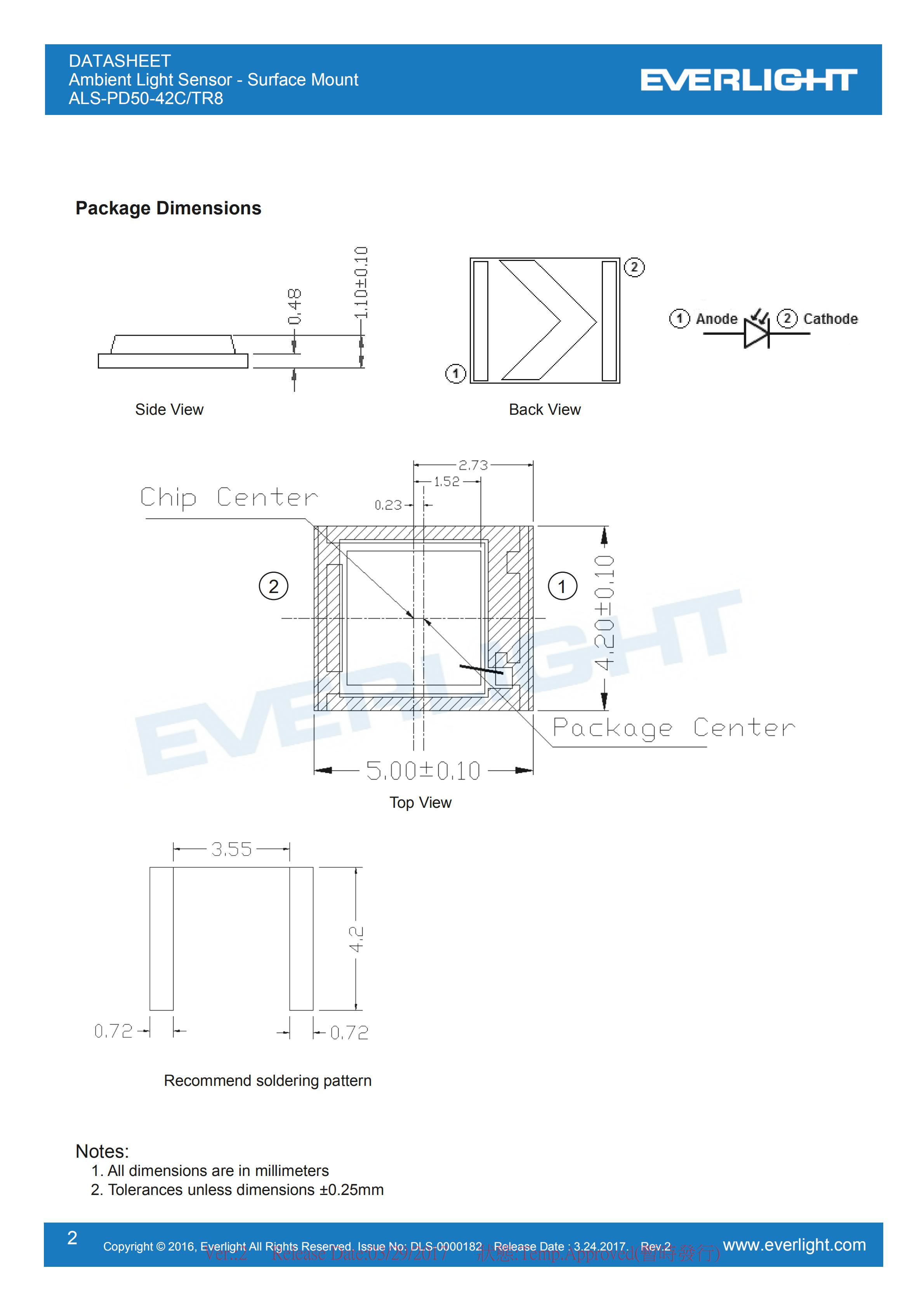 亿光环境光传感器ALS-PD50-42C/TR8穿戴应用规格书（数据表PDF）