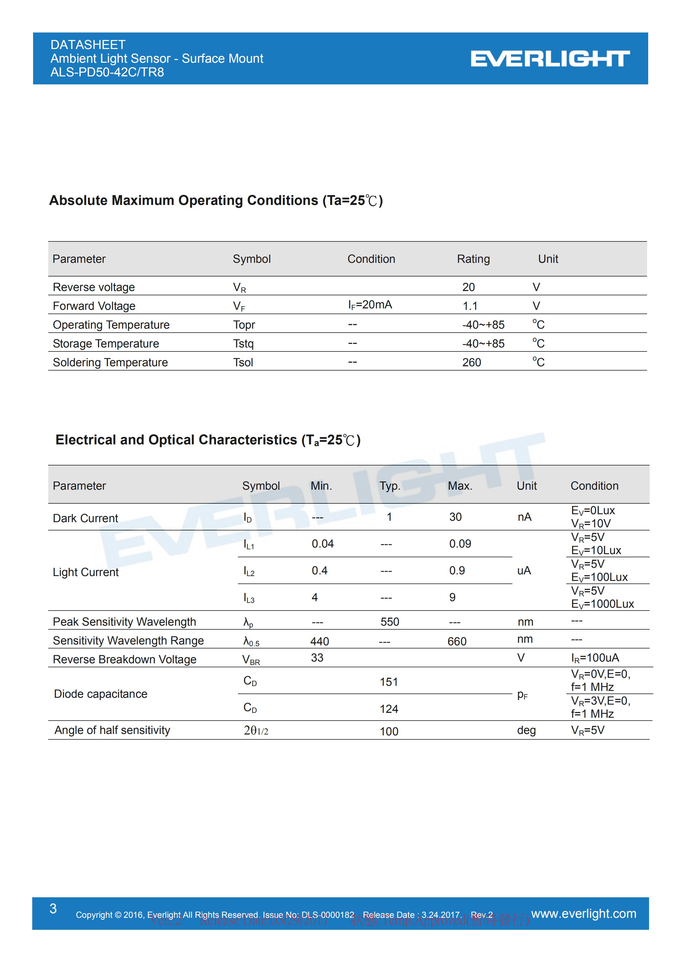 亿光环境光传感器ALS-PD50-42C/TR8穿戴应用规格书（数据表PDF）