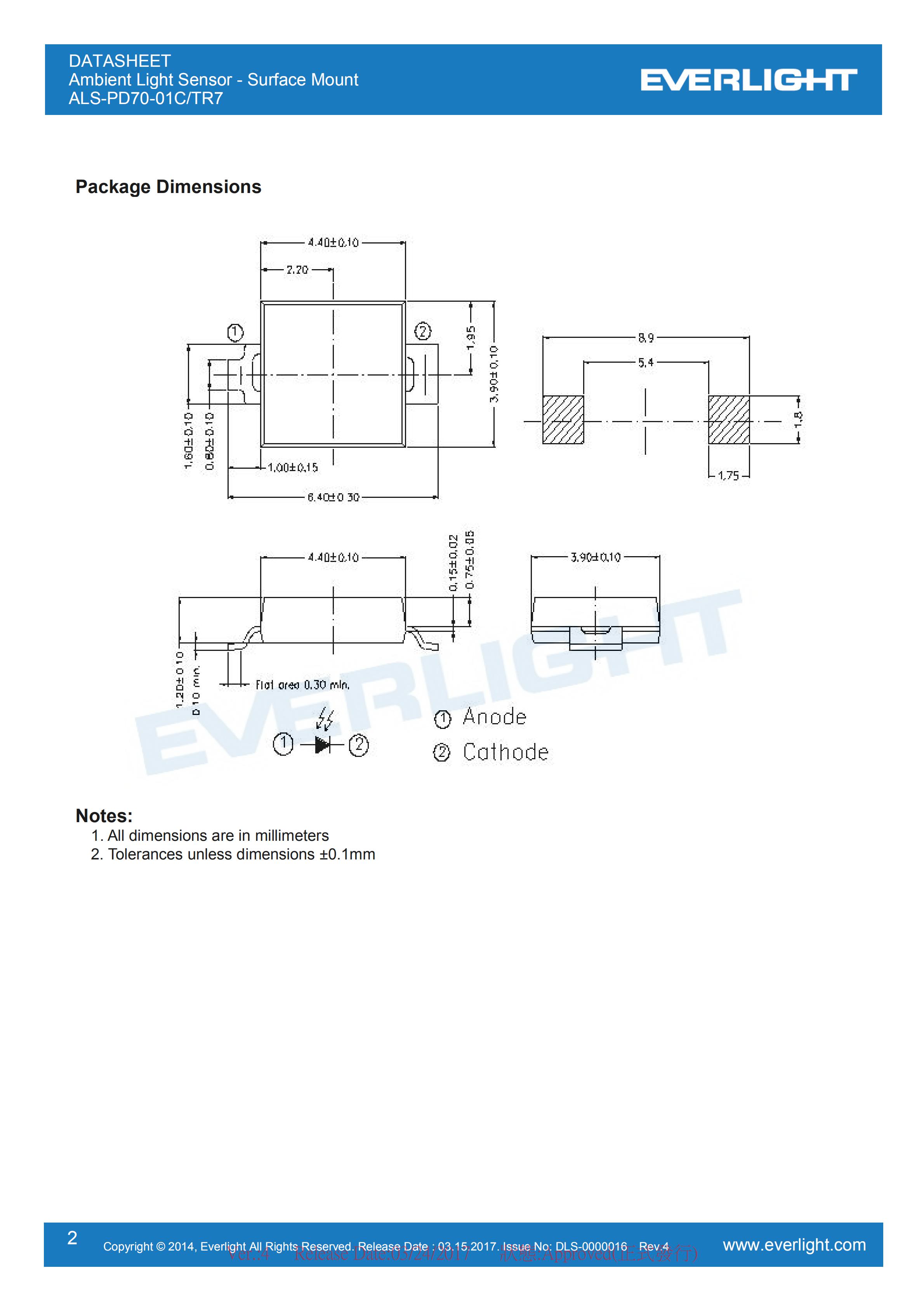 亿光环境光传感器ALS-PD70-01C/TR7光感传感器规格书（数据表PDF）