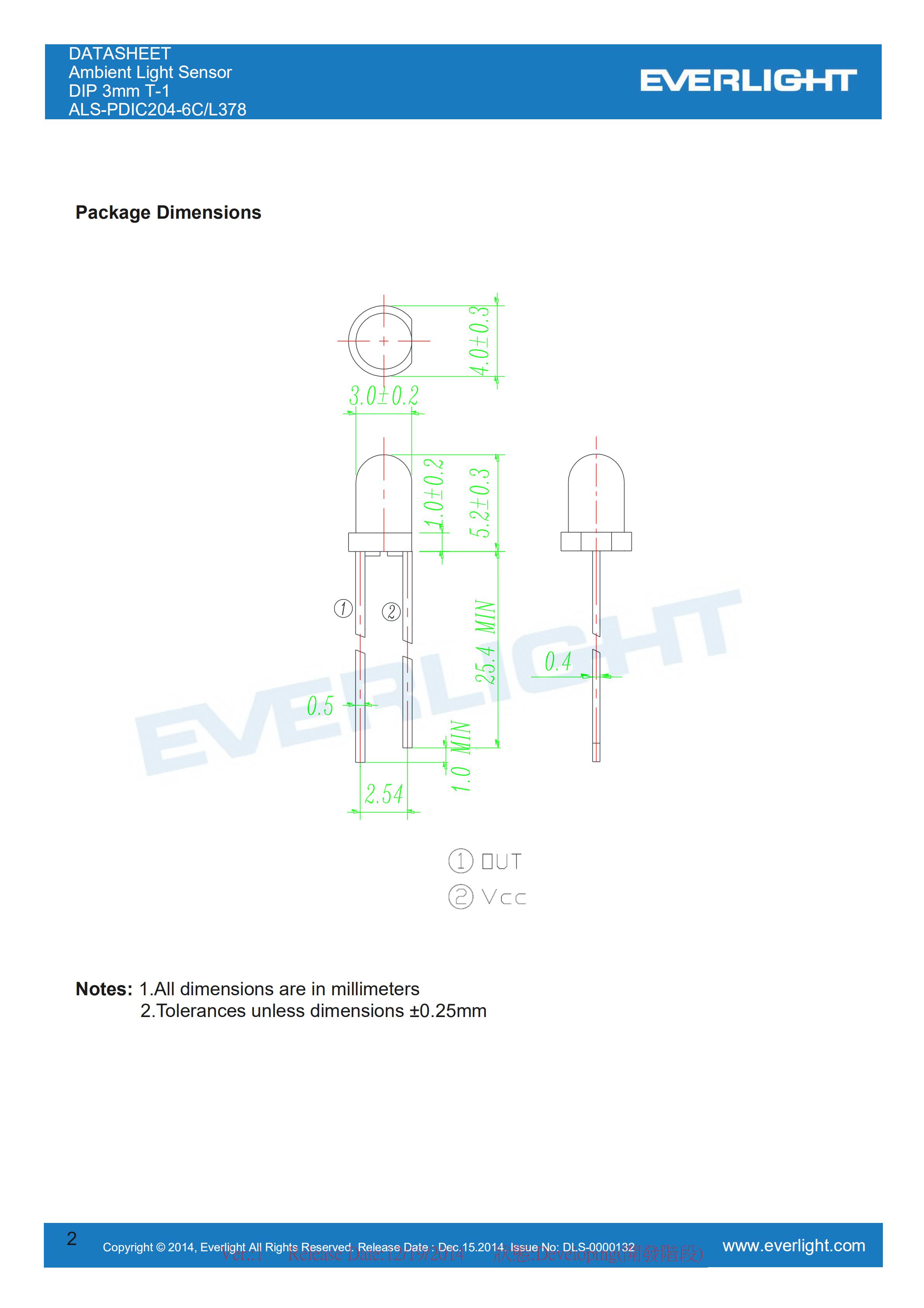 亿光直插式环境光传感器ALS-PDIC204-6C/L378光感应器规格书（数据表PDF）