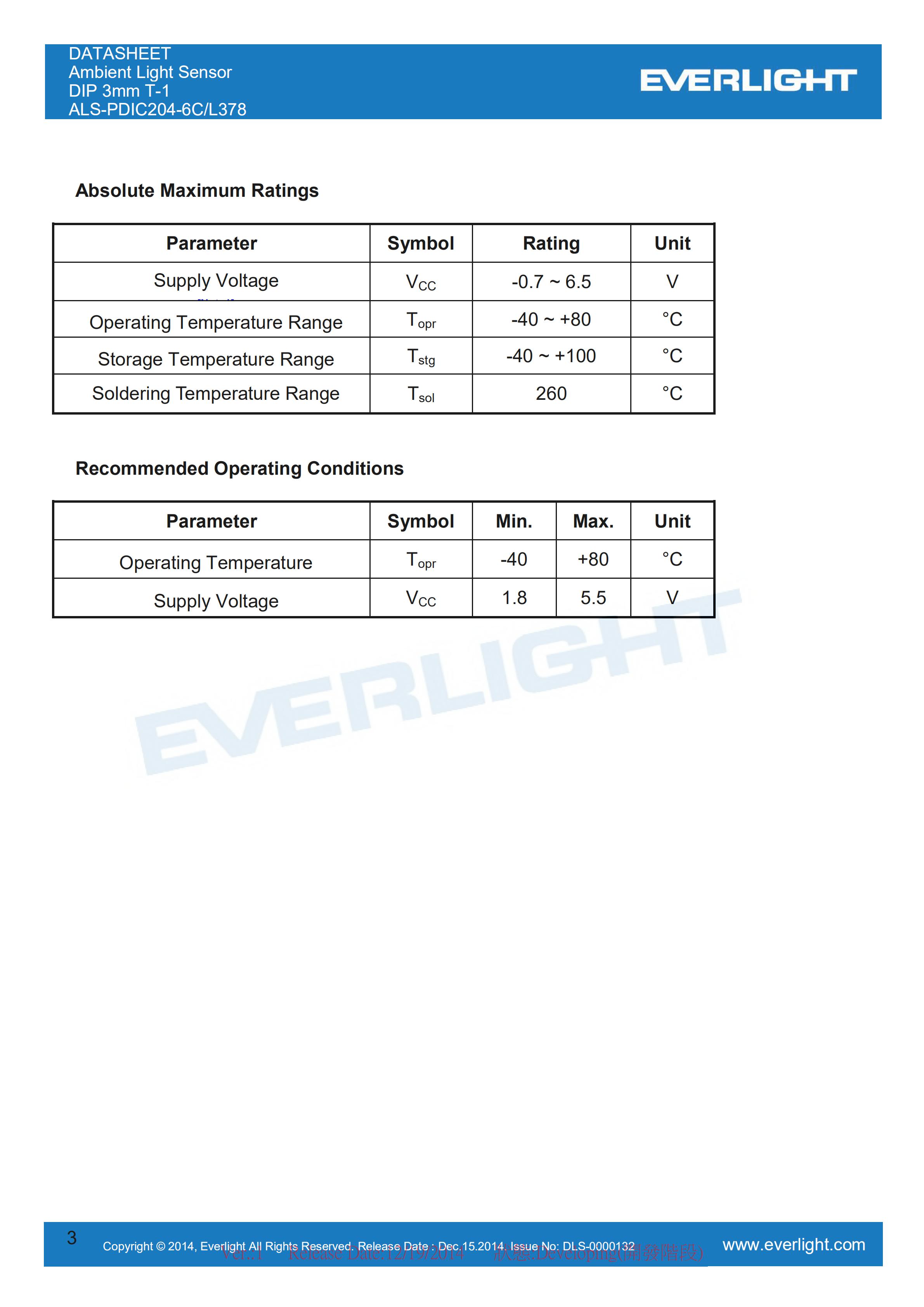 亿光直插式环境光传感器ALS-PDIC204-6C/L378光感应器规格书（数据表PDF）